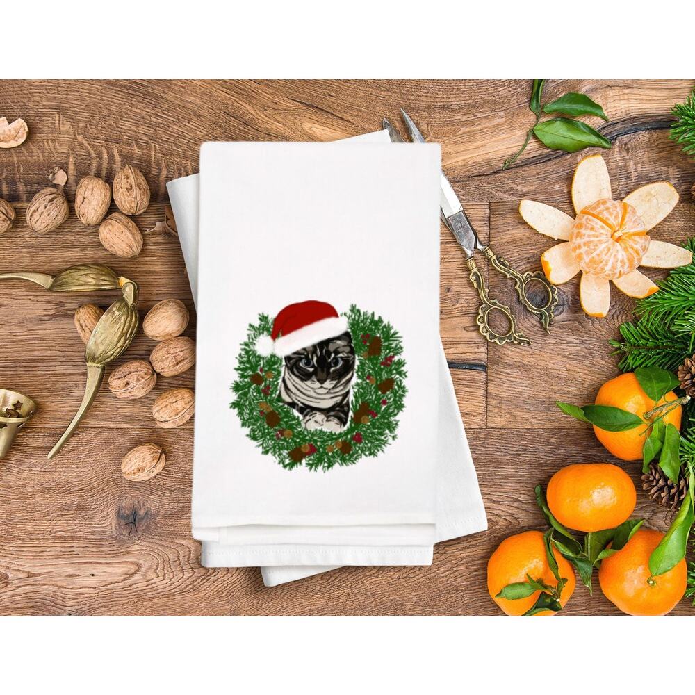 Christmas Wreath Cat Tea Towel